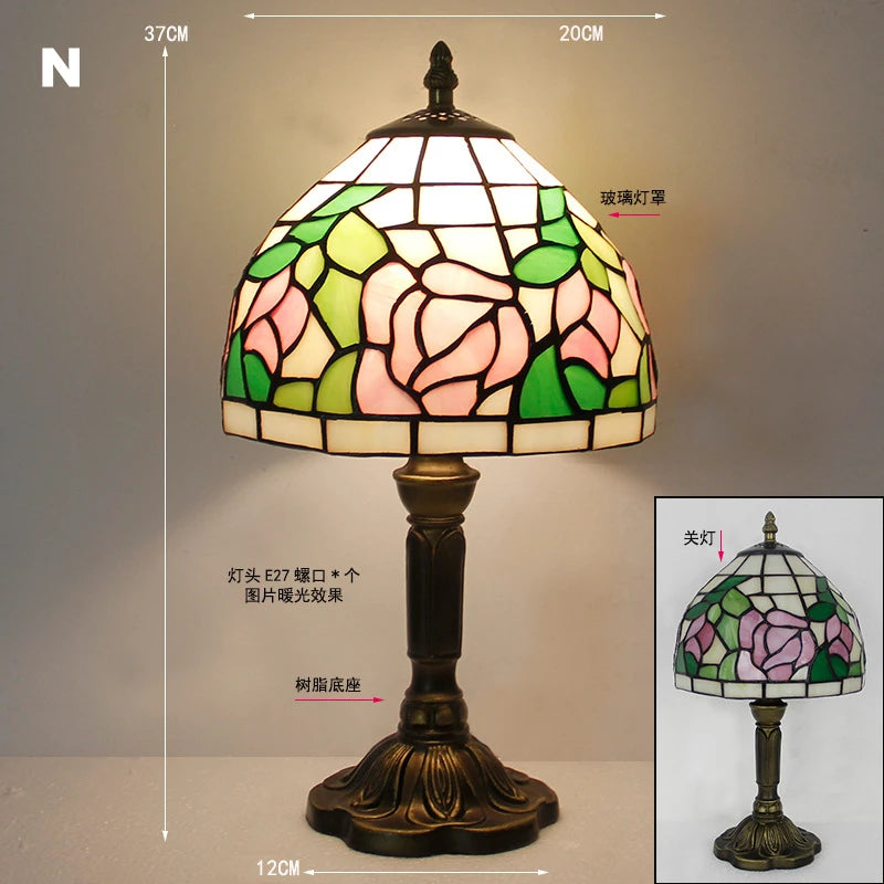 Lampe champignon vintage motif fleur rose et vert