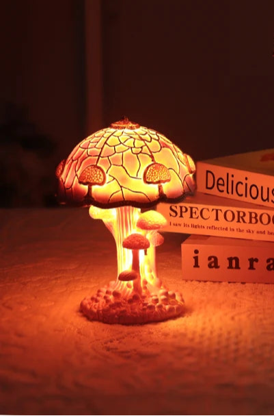 lampe champignon pate de verre rose