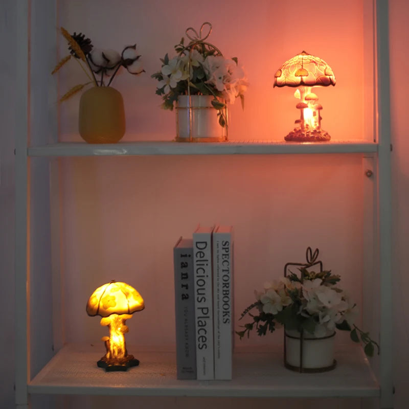 lampe champignon pate de verre rose