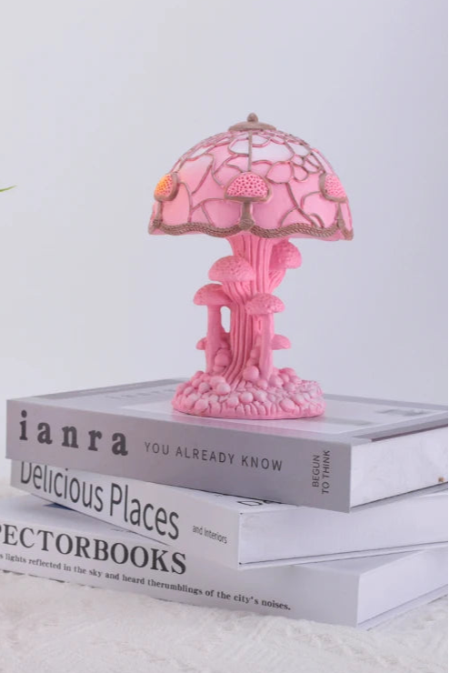 lampe champignon pate de verre rose