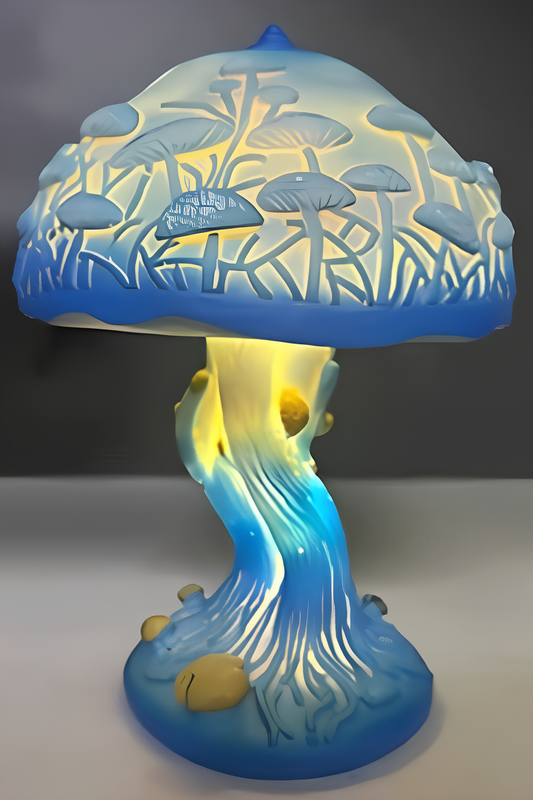 lampe champignon pate de verre bleue
